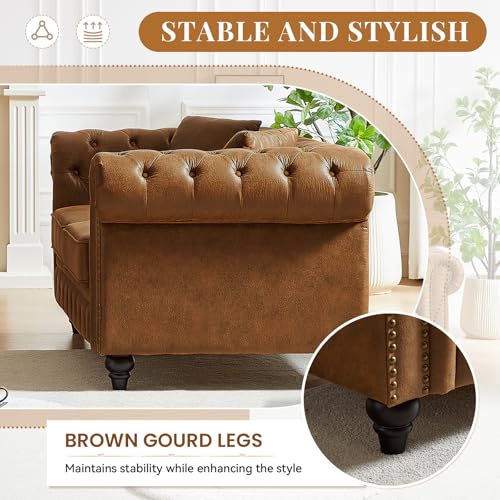 Image of Modern Chesterfield Sofa Couch, 85.5-inch Faux Leather 3-Seater Sofa with Rolled Arms and Tufted Button for Living Room, Office, Brown