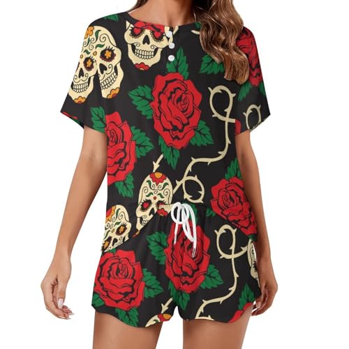 Pyjama court rose et crâne femme en tissu respirant pour des nuits d'été au frais