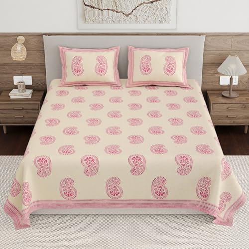 Image of Living Roots Ethnic Jaipur Block Print Double Cotton Bedsheet & 2 Pillow Covers, for Mattress Upto 6 inches Thick, No Colour Bleeding, Pink Colour, King Size 90 * 108 inches, 120TC (602-A)