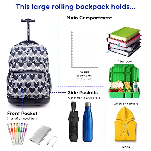 Image of J World Sunrise Rolling Backpack. Roller Bag with Wheels, Heart Dot