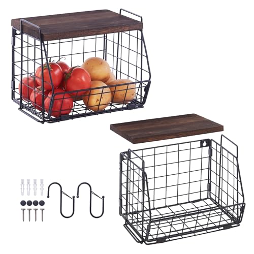 Wall Storage Hanging Baskets 2 PACK - Wooden Top Wire Basket Organizers & S Hooks - Assemble Floating Shelf Racks for Pantry Kitchen Office Bathroom Garage Organization (Large)
