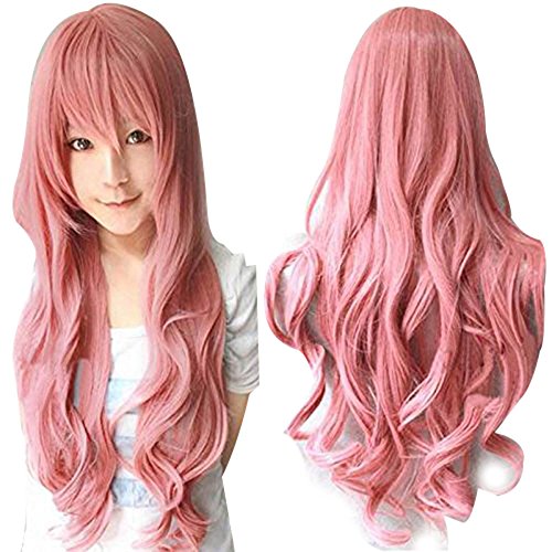 Anogol?Free Hair Cap + 32'' 80cm Long Wavy Hair Vocaloid Fluttershy Wig Women's Pink Party Wigs by Anangel
