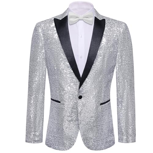 Image of Barry.Wang Mens Sequins Blazer Sparkle Dress Suit Jacket Cocktails Shiny Metallic Disco Dance Party Tuxedo Homecoming