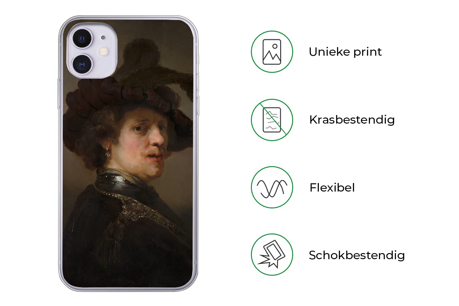 MuchoWow Funda para iPhone 11 - Tronía de un Hombre con Boina de Plumas - Rembrandt Van Rijn - Funda de Silicona/Funda Blanda para teléfono móvil