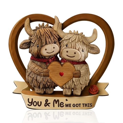 Aurelx Highland Cow Holz Deko 2D Flache Holzdeko Highland Cow Deko mit Zwei Kühen und Herzen Liebesthema Holzfiguren für Büro Schreibtisch Bücherregal Geschenk für Paare Verliebte Liebhaber