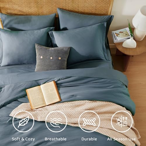 Image of Queen Comforter Set-7 Pieces Soft Prewashed Bed in a Bag Queen Bedding Sets | All Season Comforter with Sheets, Pillow Shams & Pillowcases,Blue Grey