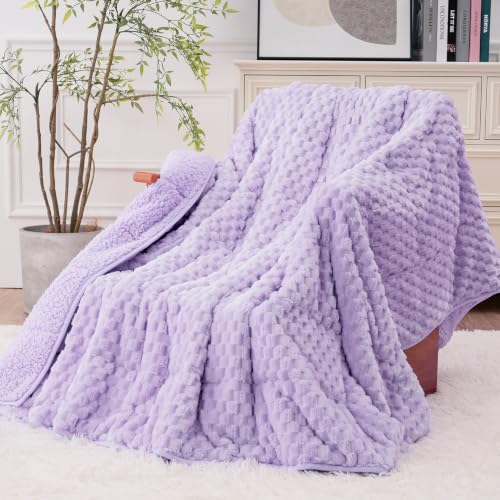 Image of Super Fuzzy Soft Fleece Sherpa Weighted Blanket 15 lbs for Adults, 3D Imitation Turtle Shell Luxury Weighted Throw for Better Sleep, Dual Sided Cozy Heavy Blankets for Couch Bed, Lavender, 60 inch x 80 inch