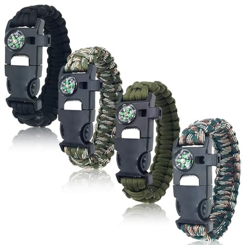 BOSOIRSOU Survival Bracelets 4-Pack | 5-in-1 Paracord Bracelet Set with Fire Starter, Compass...
