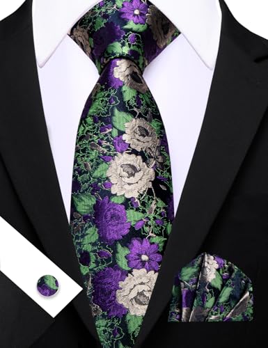 Image of Barry.Wang Flower Ties for Men Handkerchief Cufflinks Set Wedding Necktie Set Party