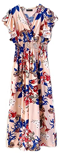 Image of Plum Feathers Casual Smocked Dress, Exotic Print Maxi /Midi Dress, V Neck, Plus & Regular Sizes, Maternity /Nursing Dresses