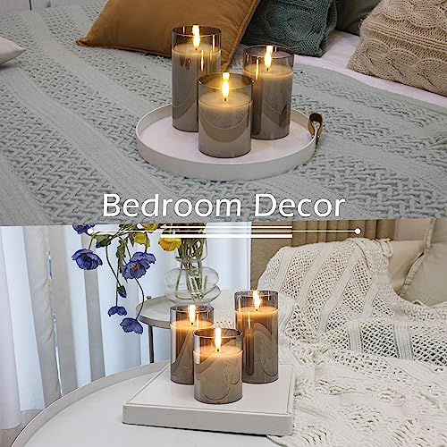 Image of LUSHARBOR LUSHABOR Flameless Candles with Remote, 3 Pack Glass Battery Operated Candles with Timer, Real Wax Glass LED Candles Flickering Wedding Home Party Christmas D3 H4 5 inch 6 inch Grey
