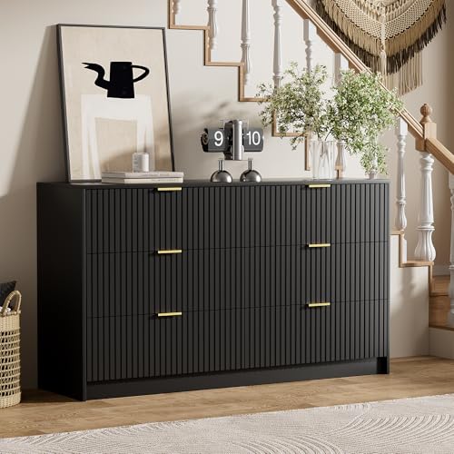 Image of Furniway Black Dresser for Bedroom, Modern Dresser with 6 Drawers and Smooth Slides, Wide Chest of Drawers with Golden Handles for Bedroom, Living Room, Closet, 15.7 inch D x 55.1 inch W x 31.4 inch H