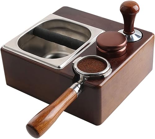 C/M Estación de tampón de café expreso, soporte para filtro de café, caja de golpeo de expreso, base de madera, cubo de café, gran alternativa para