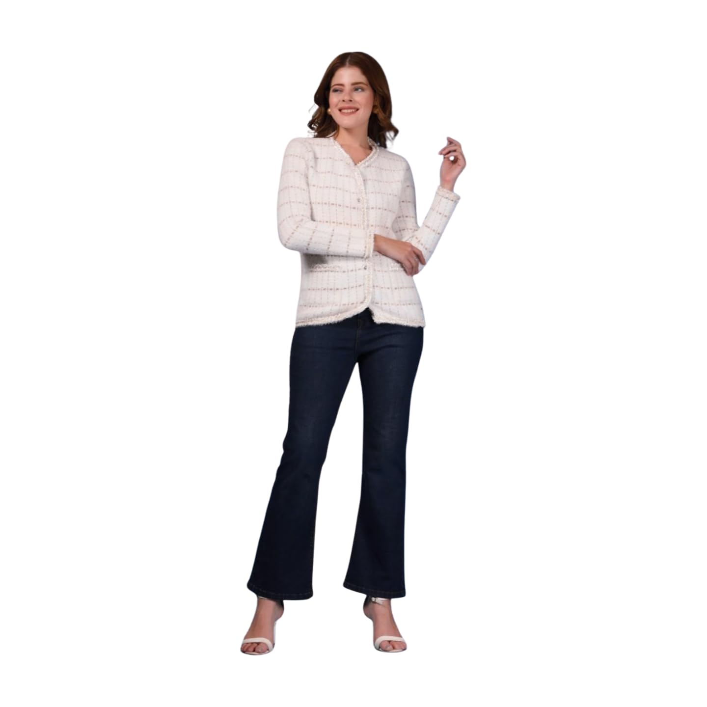 thirty threads Women Geometric Round Neck Cardigan White_T5W 25115-picture-15