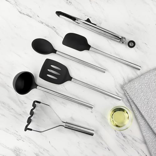 Image of Tovolo Silicone Cooking Utensil Set of 6 Stainless Steel Handle Ladle Slotted Turner Tongs Flex Core Spatula Scraper Mixing Spoon & Potato Masher, Dishwasher Safe BPA Free Utensils, Black