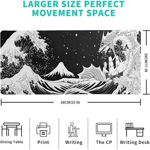 Image of Printed Gaming Mousepad - Large 11x23 Inch Desk Mat with Non-Slip Rubber Base, Smooth Surface & Stitched Edges - Japanese Waves Dragon Design for Office & Gaming Setup (Black & White)