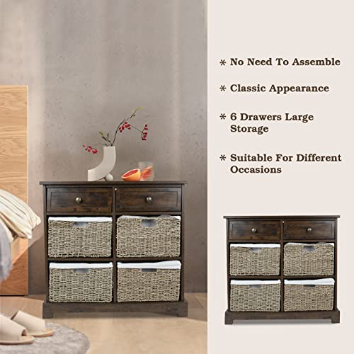 Acehome Wicker Storage Cabinet, Wicker Dersser With 2 Wooden And 4 Basket Drawers, Wicker Basket Storage Tower, Wicker Nightstand For Bedroom, Living Room, Entryway, Browm #TOP5