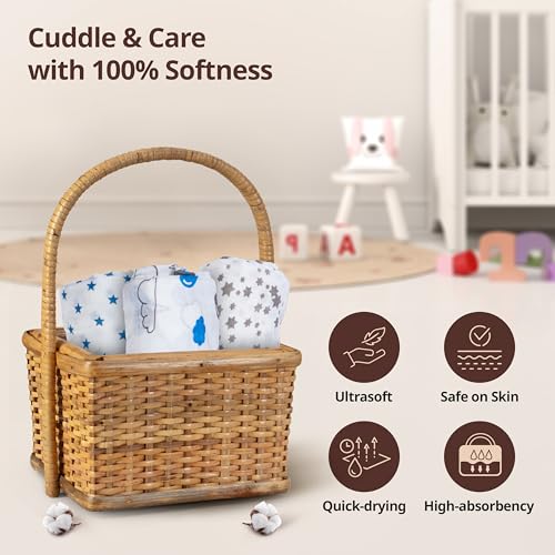 Image of LuvLap 100% Cotton Muslin Baby Swaddle Set, Baby Towel, Size-120cm x 100cm (47 inchx39 inch), Stars Printed on White, 0-18 Month+, Printed Mulmal Muslin Swaddle Wrap for New Born, Pack of 12