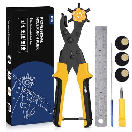 Image of Leather Hole Puncher, Diyife Full Set Punch Tool Kits for Belt, Watch Band, Shoe, Crafting, Handbag Straps, Fabric, with Extra Punch Plates and Ruler, Multi Hole Sizes Make - Yellow | Watch Band, Shoe,Handbag Straps, Fabric, with Extra Punch Plates and Ruler, Multi Hole Sizes Make - Yellow