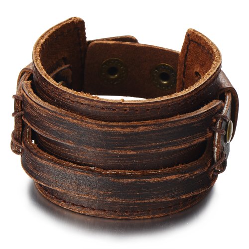 Pulsera de cuero genuino marrón metálico para hombre miniatura 1