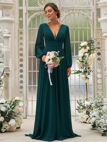 Women's Long Sleeves Bridesmaid Dresses V-Neck Chiffon A Line Formal Dress Evening Gowns with Train3