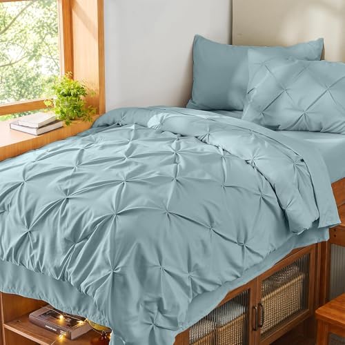 Image of Sasttie Twin Comforter Set, 5-Piece Bed in a Bag, Pintuck Bedding Sets for All Season, Includes Comforter, Flat Sheet, Fitted Sheet, Pillowcase and Pillowsham, Greylish Blue