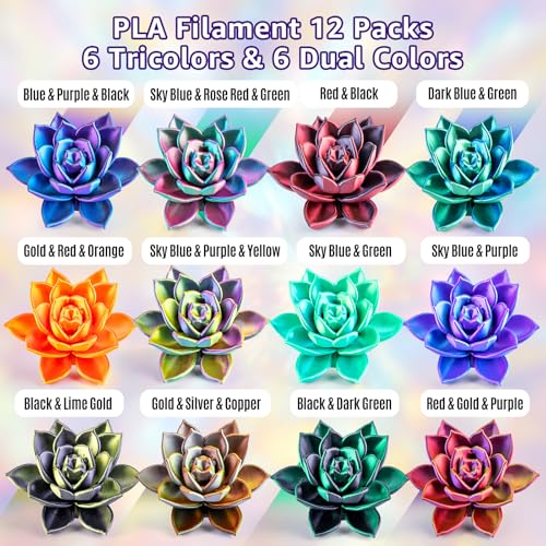 Image of Silk 3D Printer Filament PLA+, 1.75mm, 12 Pack 250g | 6 Tricolor & 6 Dual Color, 1.75mm Diameter, 250g Per Spool, 3KG Total, Smooth Printing