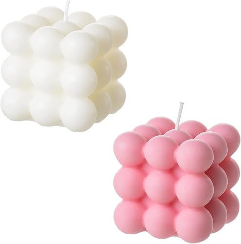 ACITHGL Bubble Candle - Cubo de cera de soja para decoración del hogar, juego de velas perfumadas de 2 piezas (blanco + rosa)