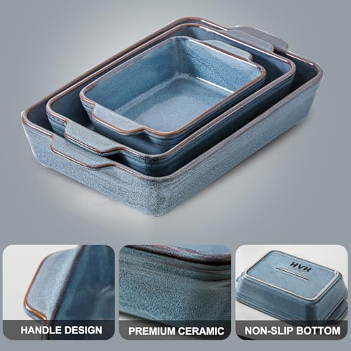 HVH 9x13 Baking Dish Set, Large Casserole Dishes for Oven, Ceramic Bakeware Set of 3, Baking Dishes for Casseroles 13 x 9, Rectangular Lasagne Pan Deep for Baking (Wabi sabi)