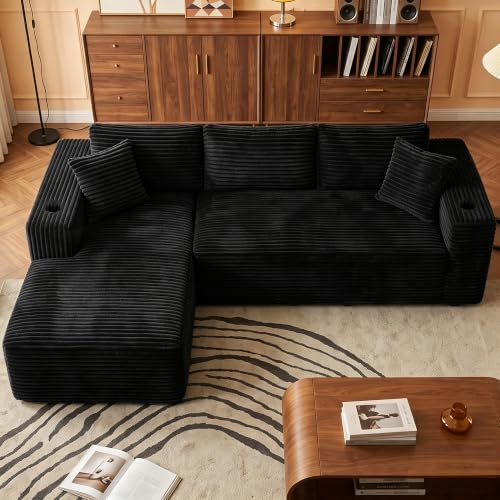 Image of 103 inch Modular Boneless Couches,Sectional Sofa for Living Room with 2 Cup Holders,Memory Foam Cloud Couch with L Shaped Oversized Chaise,No Assembly Needed Plush Corduroy Sofa,Black