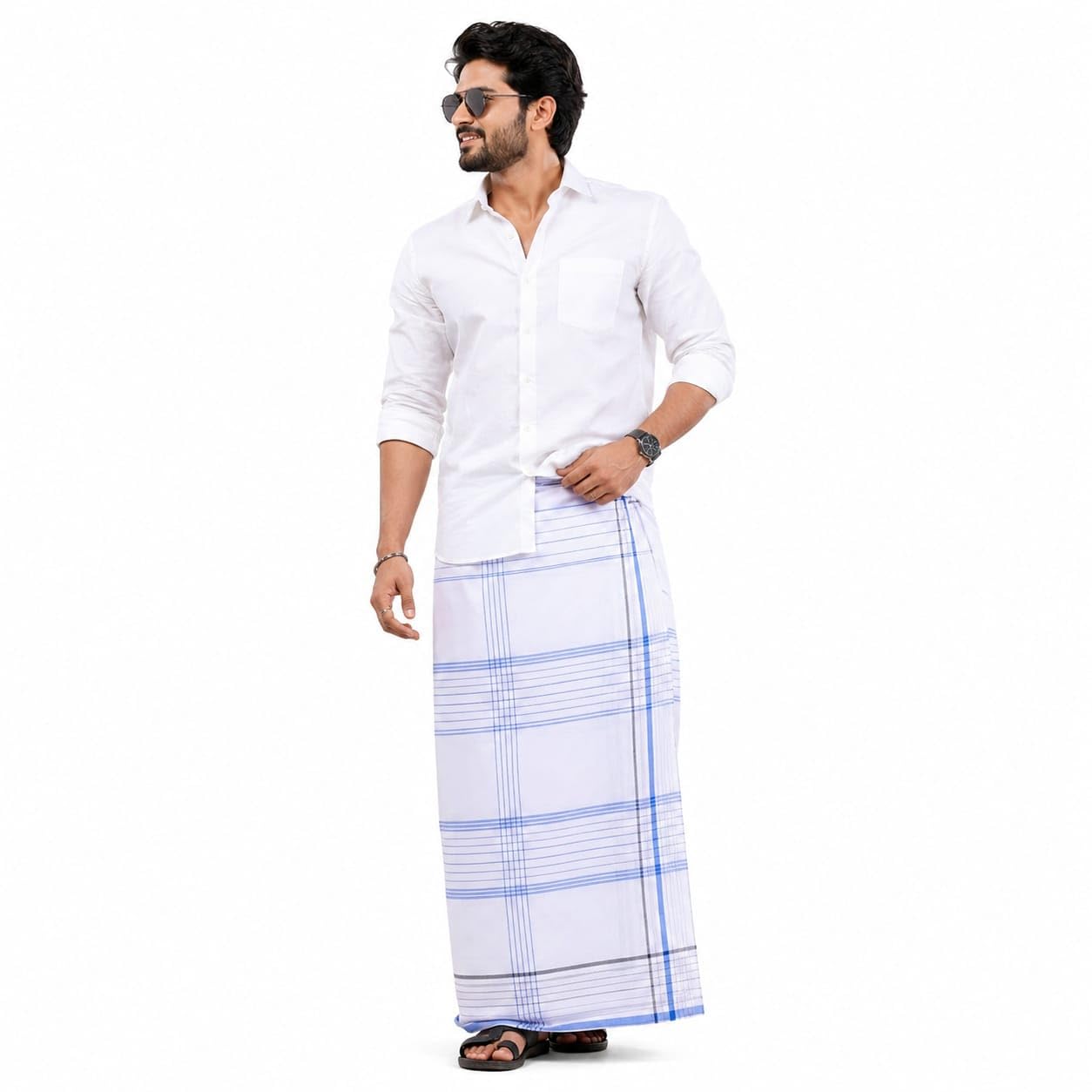 Men's White Checked Cotton Dhoti, 2.10 Meters, Blue Border-image-22