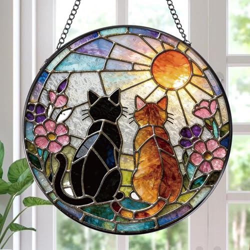 Rngmsi Stained Glass Window Hanging 7.8 Cat Sun Catchers with Hook Indoor Window Decor Decorative Suncatchers Hanging Ornaments Home Garden Art Gift for Housewarming