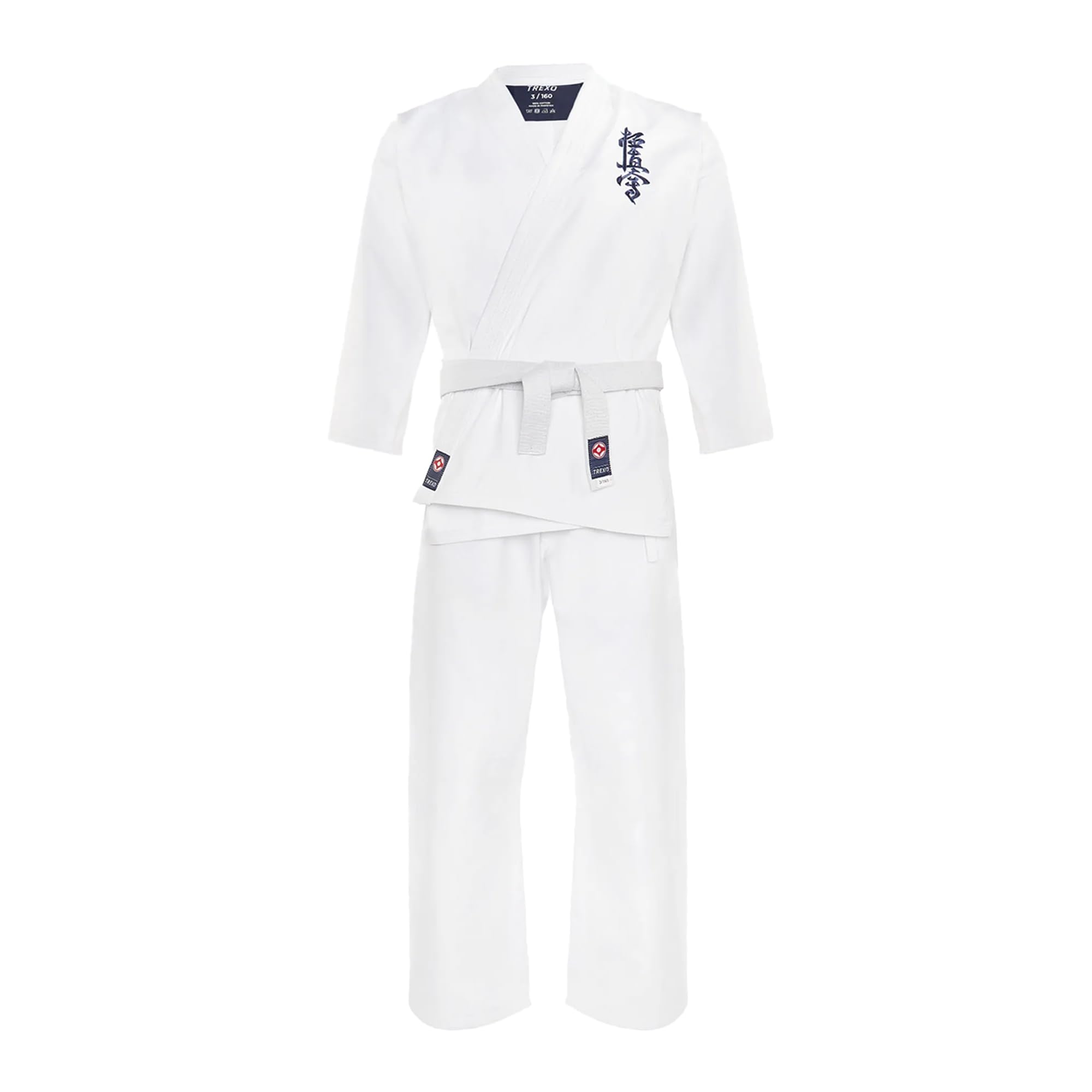 TREXO Karatega con bordado Kyokushin para karate en color blanco para 140 cm de estatura, juego de pantalones regulables, kimono, cinturón, ideal para principiantes, costuras fuertes, materiales