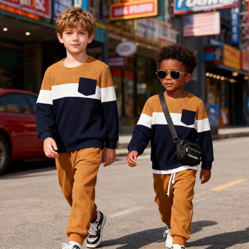 Image of Kid Toddler Boy Clothes Color Block Sweatshirt and Casual Pants 2Pcs Boys Fall Winter Outfits 1-5T