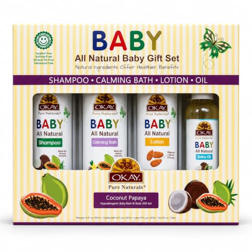 OKAY All Natural Baby Gift Set – 4Pc Baby Care Kit with Shampoo, Calming Bath Wash, Lotion & Oil – Gentle Moisturizing Skin & Hair Care for Newborns & Sensitive Skin
