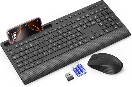 Wireless Keyboard and Mouse Combo Full-Size 2.4GHz Quiet Keyboard with Wrist Rest Phone Holder Multimedia Keys Power Switch Cordless Set for Windows Chrome OS PC Laptop Batteries Included-KM31