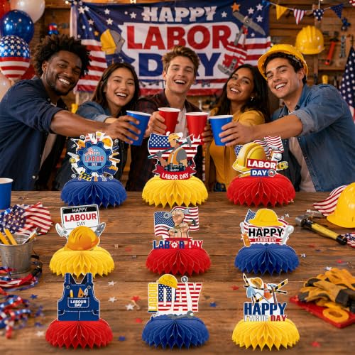 Image of Labor Day Patriotic Decorations - 9 Pcs Happy American Party Set | Paper Honeycomb Centerpieces for Table, USA Red White Blue Supplies Decor Photo Booth Props for Office Home Indoor Outdoor