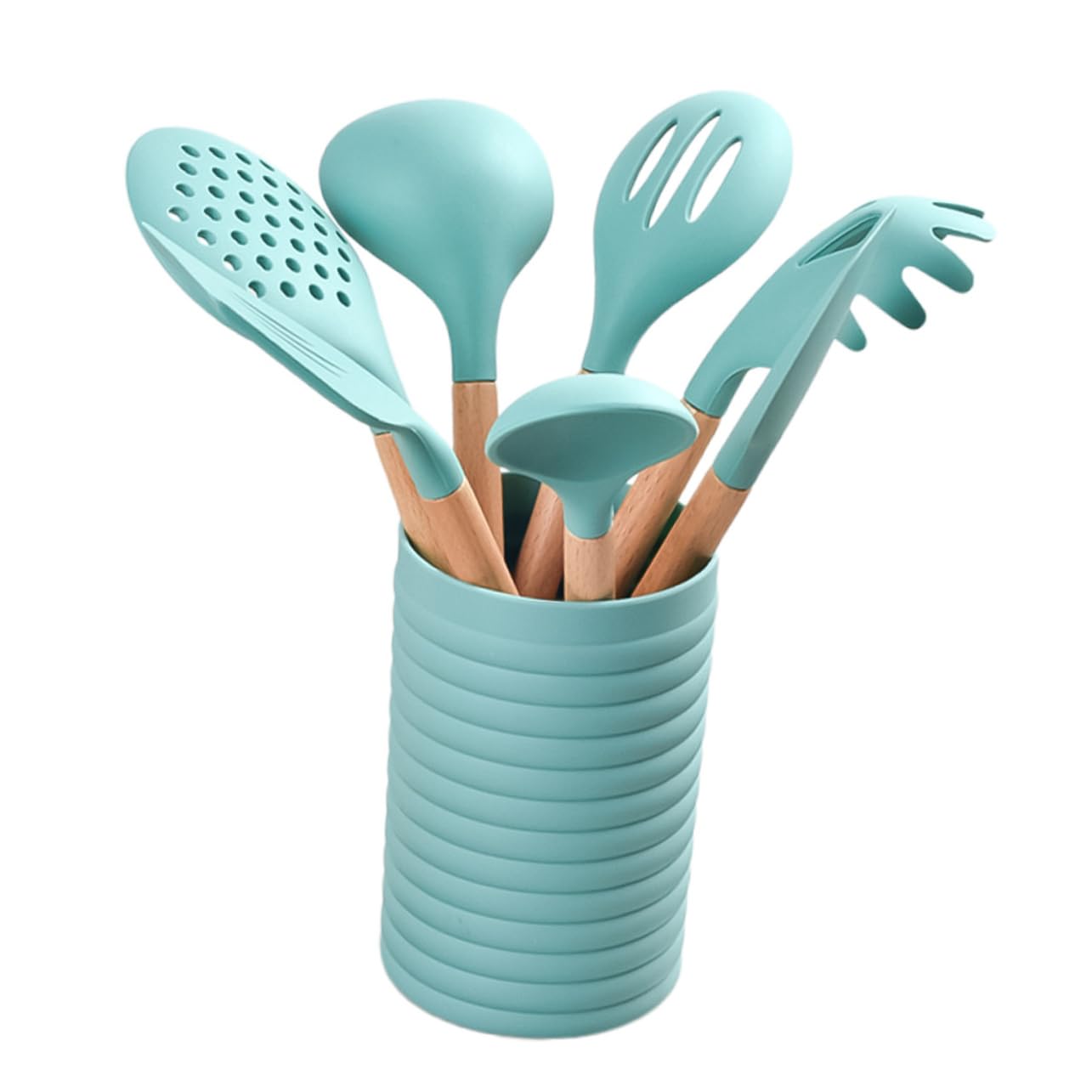 1satz Teiliges Küchenutensilien-Set Holzgriff Hitzebeständig Und Antihaftbeschichtet Für Sicheres Kochen Cyan Inkl Spatel Löffel Und Teigschaber