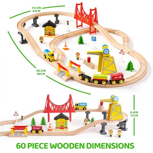 60PCS Wooden Train Set - Toy Magnetic Trains with Wooden Track Set for Kids Ages 3-8, Construction Crane Railway Set, Perfect Easter Birthday Gift for Grandkids Toddlers Boys Girls by SYNCFUN - Used condition - Image 9