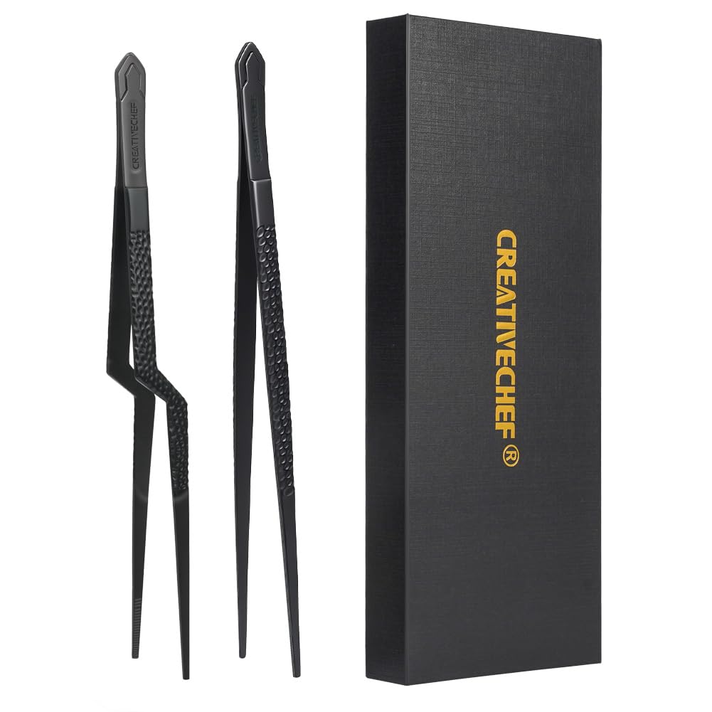 Creativechef Black Chef Tweezer Tongs, Professional Kitchen Tweezers, Precision Tweezer Tongs For Cooking, Bbq, Plating, Stainless Steel, (2)