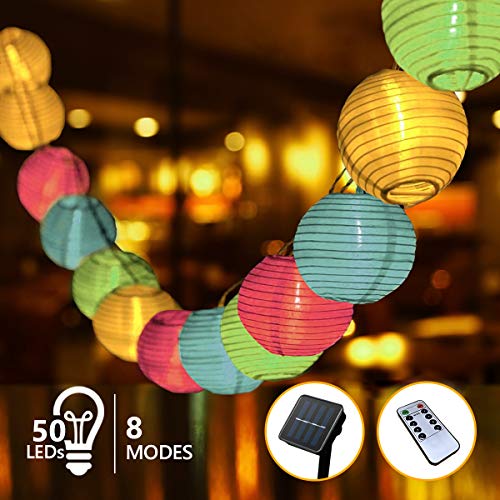 Guirlande Solaire Exterieur LED Lanterne, 9,5m 4 Couleurs 8 Modes 50 Amopoules Guirlande Guinguette Lumineuse avec Télécommande, Lampe Decorative pour Jardin, Terrasse, Balcon, Soirée, Fête