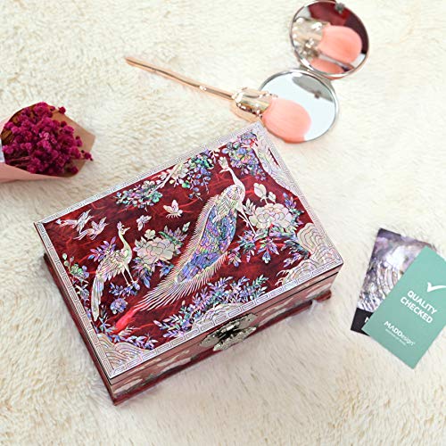 Maddesign Mother Of Pearl Jewelry Box Ring Mirror Lid 2 Level Peacock Red #TOP5