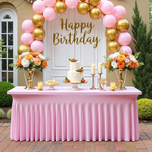 Image of NSSONBEN 4 pk Baby Pink Spandex Tablecloth 6ft with Ruffle Table Skirt, Wrinkle Free Stretchy Fitted Tablecloths for 6 Foot Rectangle Tables, Elastic Spandex Table Covers for Weddings Parties Banquet