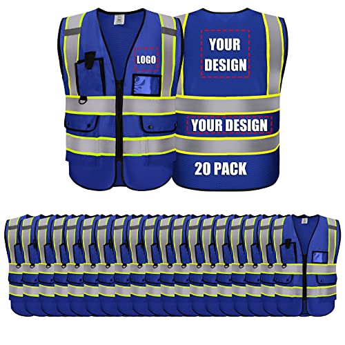 20 Pack Custom Mesh Reflective Vest Class 2 Safety Vests ANSI with Pockets Zipper High Visibility Construction Uniform