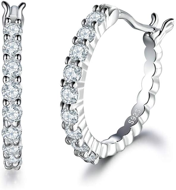wynn's Silver Hoops Earrings for Women, 925 Sterling Silver Hoop Earrings, Silver 18mm Cartilage Hoop Earrings with Cubic Zirconia, Hypoallergenic Sleeper hoops, 3 Colors in Silver / Gold / Rose Gold