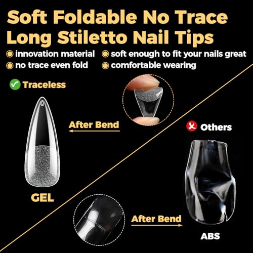 Image of UNA GELLA Long Stiletto Gel Nail Tips 600Pcs Pre Etched Long Stiletto Almond Nail Tips Clear Fake Nails Press on Nails No C Curve for DIY Art Salon at Home 12 Sizes