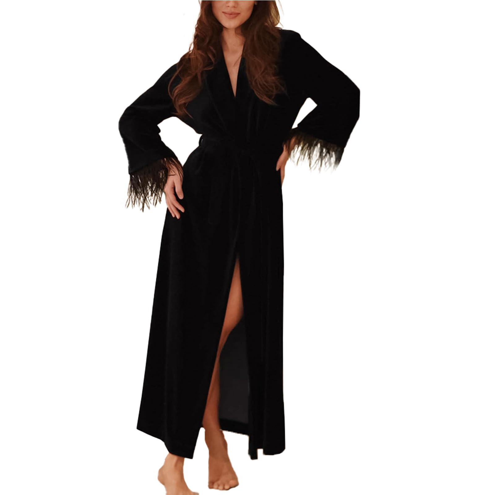 Women's Long Velvet Robe Soft Warm Bathrobe with Shawl Collar Loose Sleepwear Nightgown,Black,S