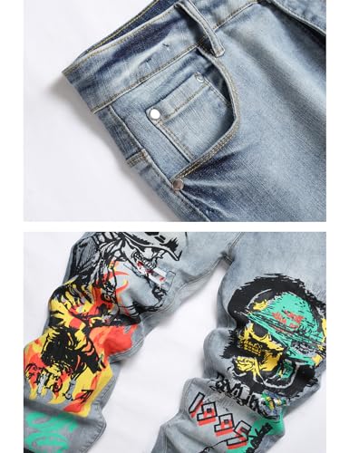 Men Skull Devil Flame Graffiti Print Stretch Denim Slim Straight Jeans3