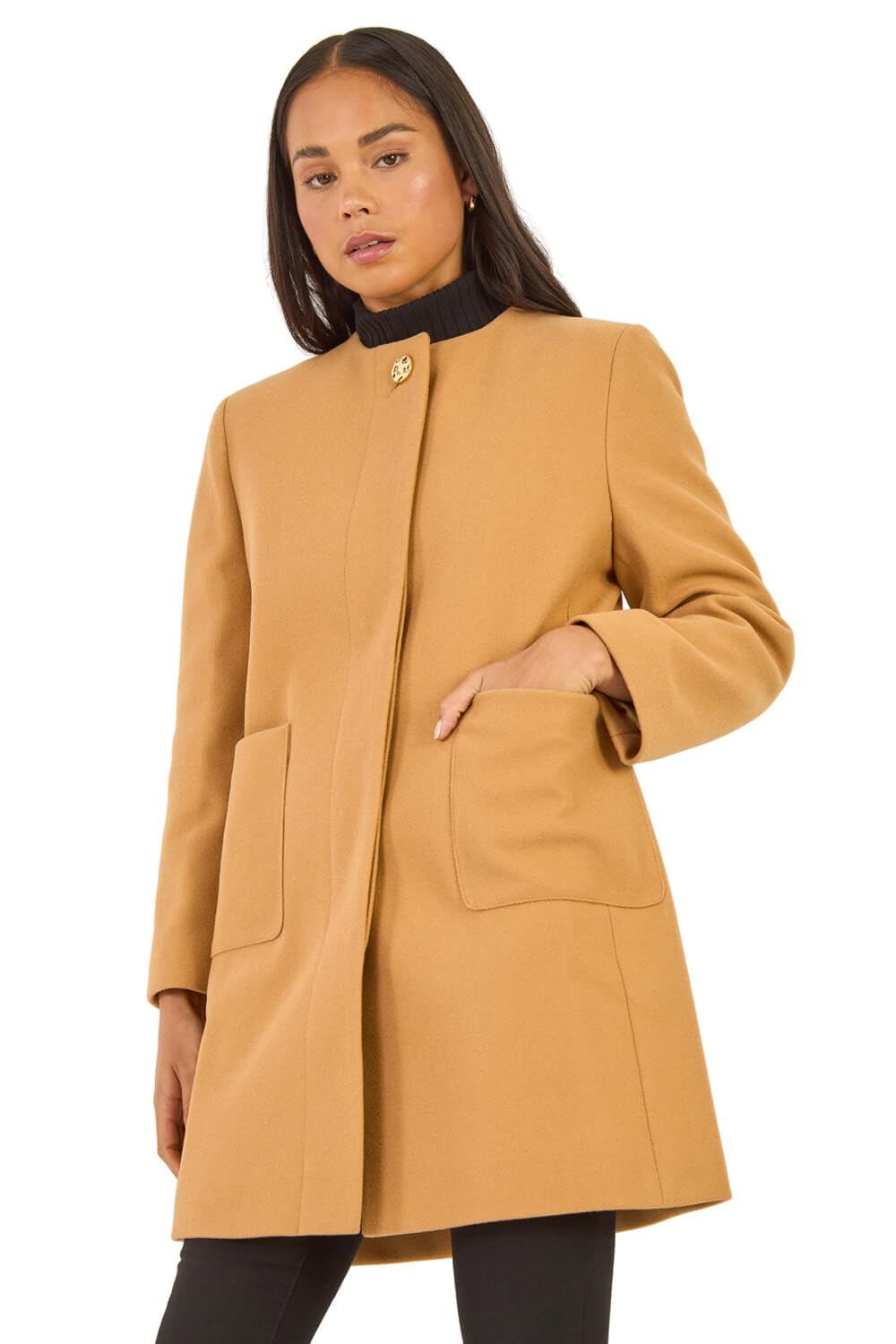Roman Women's Petite Patch Pocket Buttoned Coat in Camel | Size: 14