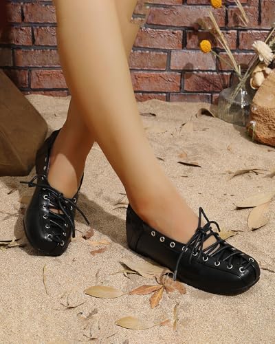 KOKOMOMO Square Toe Lace Up Flats for Women Mary Janes Cross Strappy Ballet Flats Comfort Soft Leather Ballerina Dance Shoes Flat Vintage Uniform Dress Shoes4